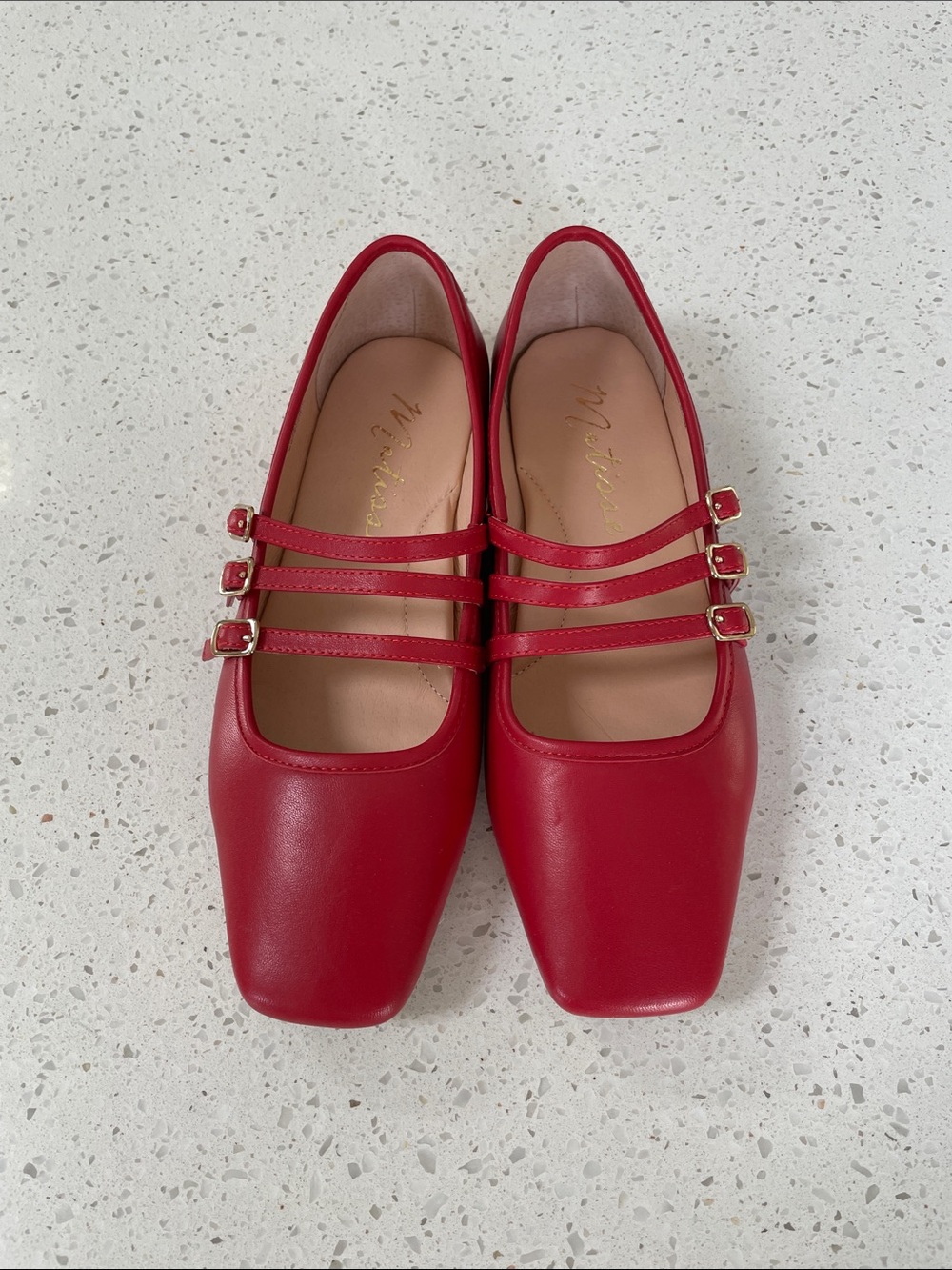 Matisse Red Triple-Strap Square-Toe Flats